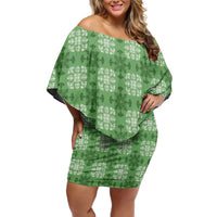 Green Hawaiian Quilt Family Matching Off Shoulder Short Dress and Hawaiian Shirt Hawaii Pineapple Monstera Palaka Motifs LT14 Mom's Dress Green - Polynesian Pride