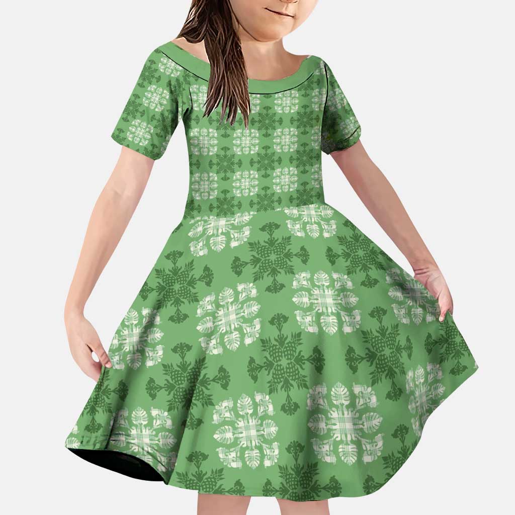 Green Hawaiian Quilt Family Matching Puletasi and Hawaiian Shirt Hawaii Pineapple Monstera Palaka Motifs LT14 Daughter's Dress Green - Polynesian Pride