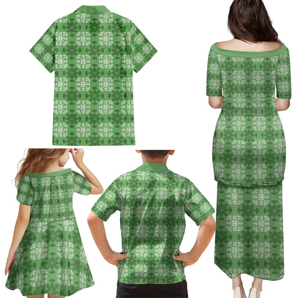 Green Hawaiian Quilt Family Matching Puletasi and Hawaiian Shirt Hawaii Pineapple Monstera Palaka Motifs LT14 - Polynesian Pride