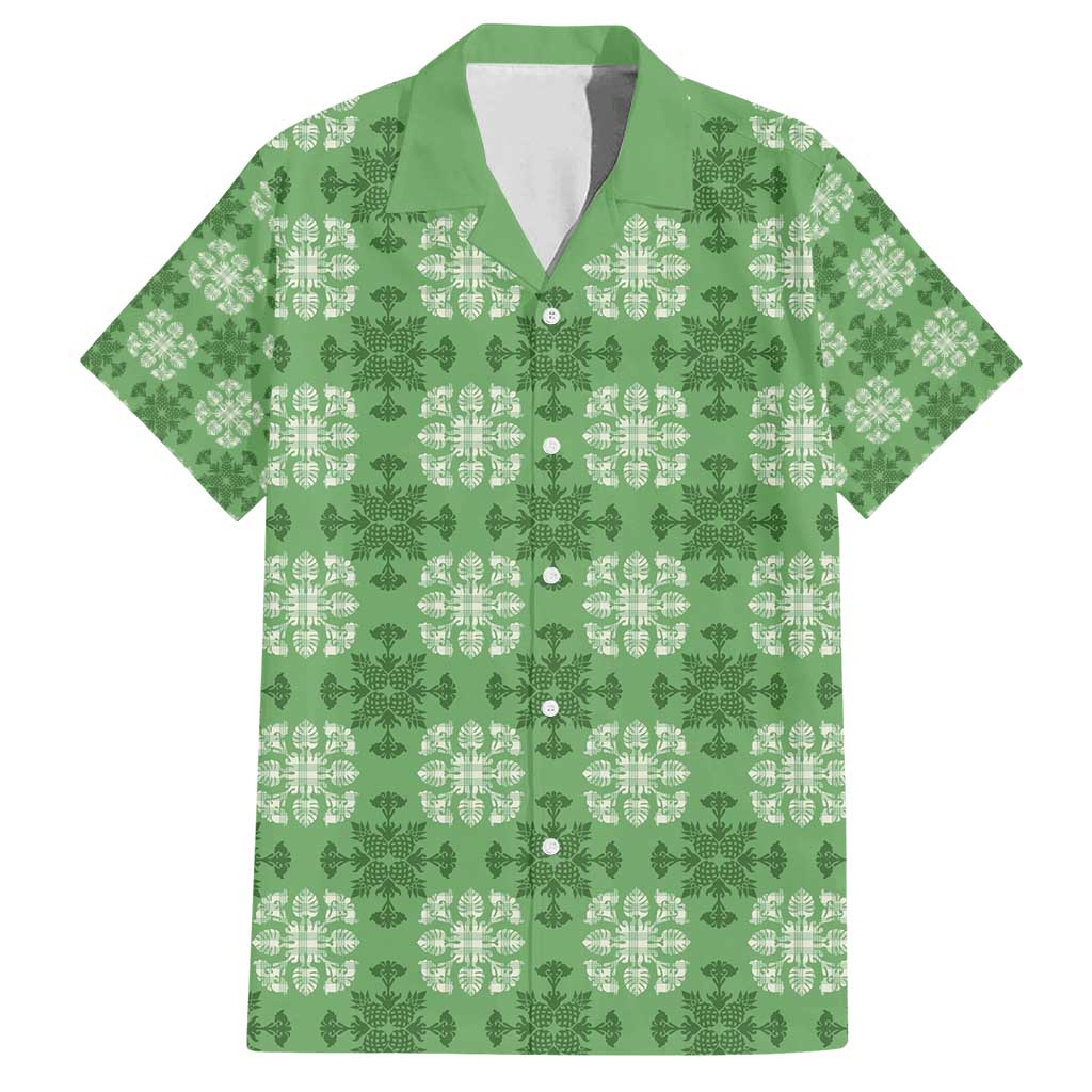 Green Hawaiian Quilt Family Matching Puletasi and Hawaiian Shirt Hawaii Pineapple Monstera Palaka Motifs LT14 Dad's Shirt - Short Sleeve Green - Polynesian Pride