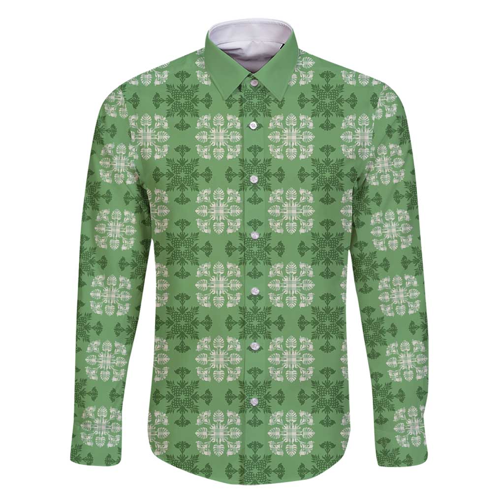 Green Hawaiian Quilt Family Matching Puletasi and Hawaiian Shirt Hawaii Pineapple Monstera Palaka Motifs LT14 Dad's Shirt - Long Sleeve Green - Polynesian Pride