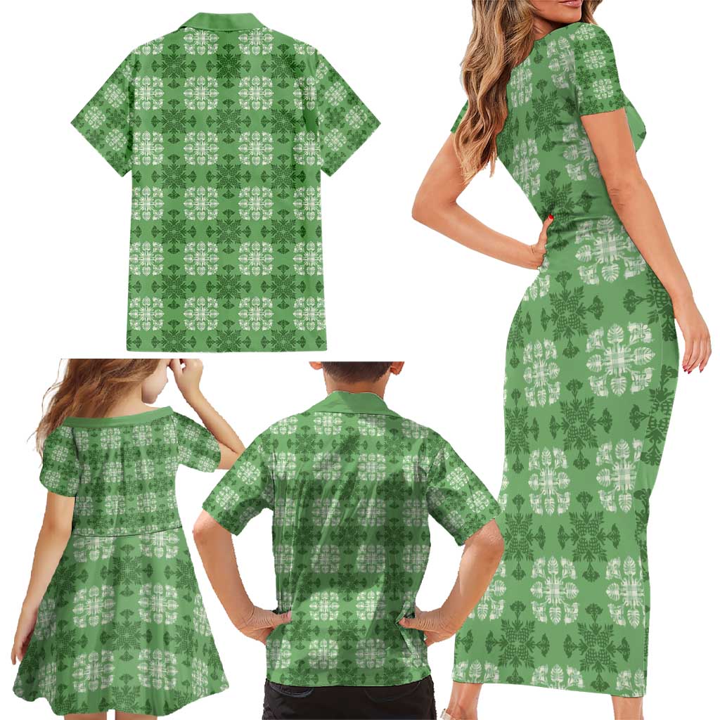 Green Hawaiian Quilt Family Matching Short Sleeve Bodycon Dress and Hawaiian Shirt Hawaii Pineapple Monstera Palaka Motifs LT14 - Polynesian Pride