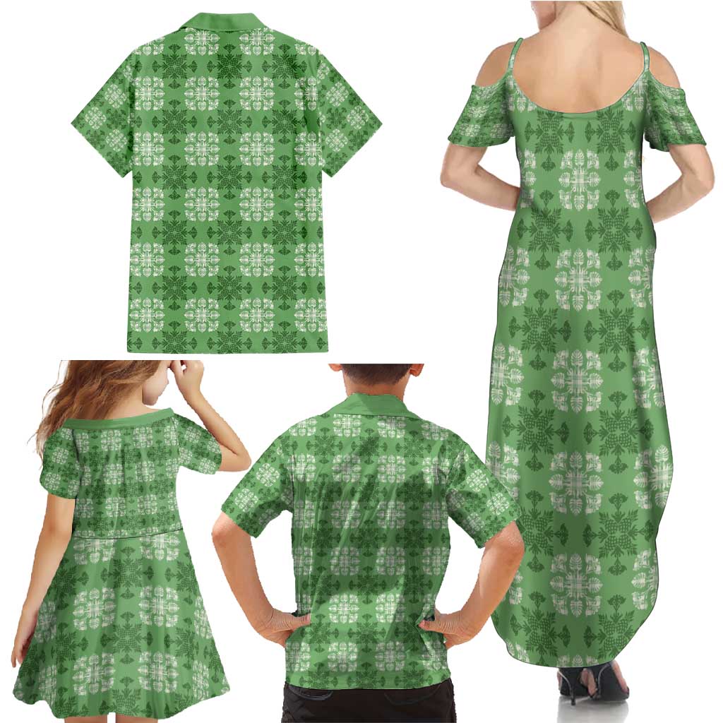 Green Hawaiian Quilt Family Matching Summer Maxi Dress and Hawaiian Shirt Hawaii Pineapple Monstera Palaka Motifs LT14 - Polynesian Pride