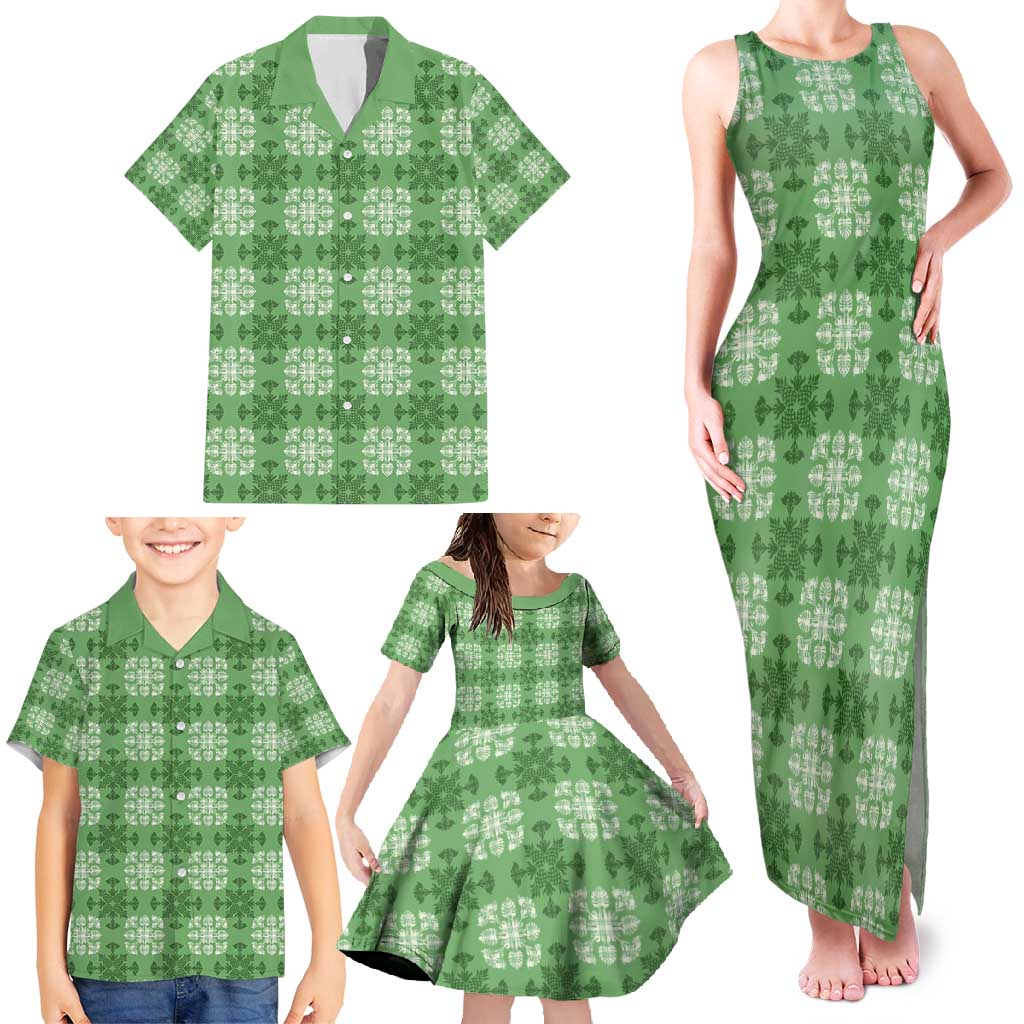 Green Hawaiian Quilt Family Matching Tank Maxi Dress and Hawaiian Shirt Hawaii Pineapple Monstera Palaka Motifs LT14 - Polynesian Pride
