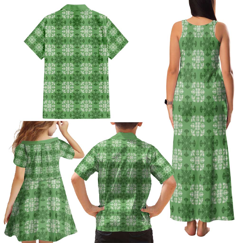 Green Hawaiian Quilt Family Matching Tank Maxi Dress and Hawaiian Shirt Hawaii Pineapple Monstera Palaka Motifs LT14 - Polynesian Pride