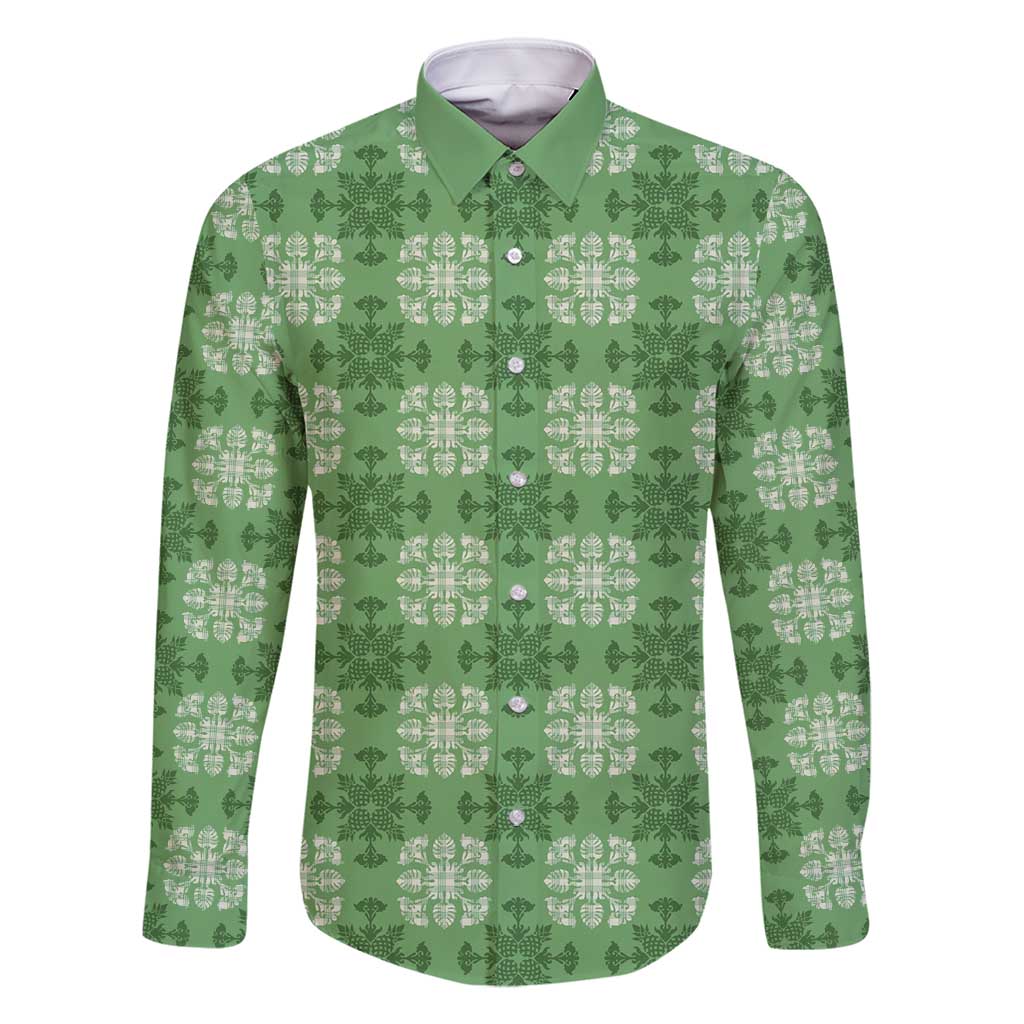 Green Hawaiian Quilt Family Matching Tank Maxi Dress and Hawaiian Shirt Hawaii Pineapple Monstera Palaka Motifs LT14 Dad's Shirt - Long Sleeve Green - Polynesian Pride