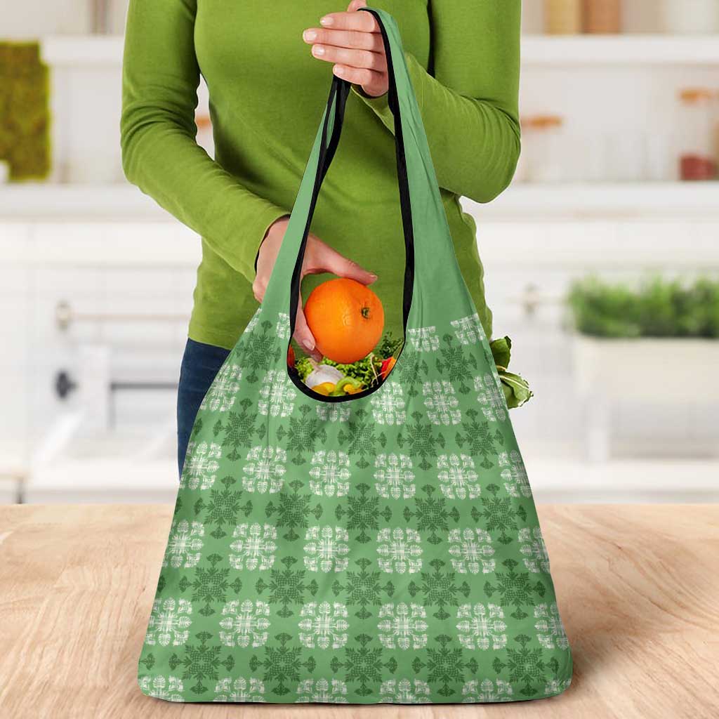 Green Hawaiian Quilt Grocery Bag Hawaii Pineapple Monstera Palaka Motifs - Polynesian Pride