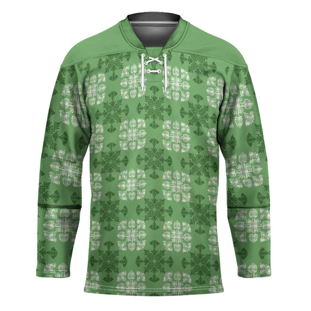 Green Hawaiian Quilt Hockey Jersey Hawaii Pineapple Monstera Palaka Motifs - Polynesian Pride