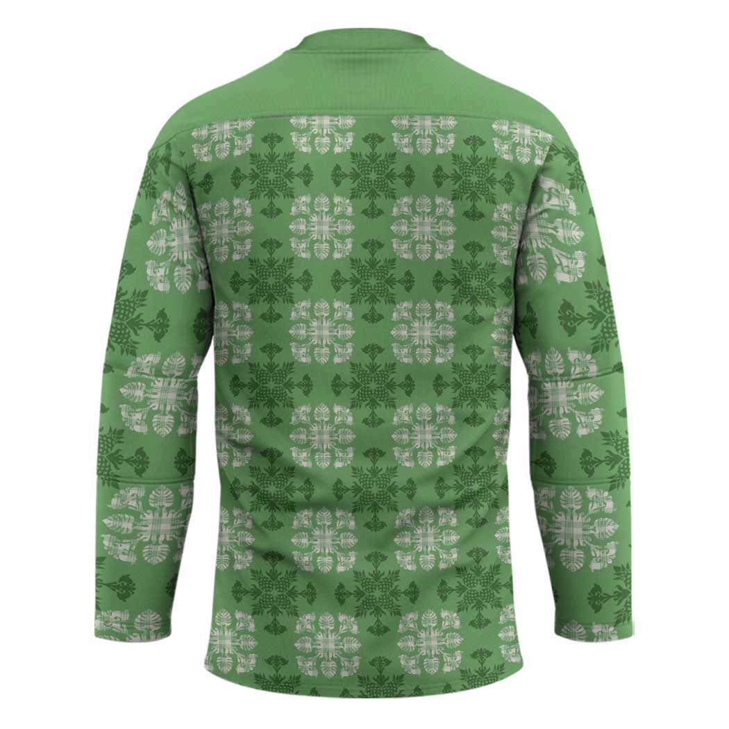 Green Hawaiian Quilt Hockey Jersey Hawaii Pineapple Monstera Palaka Motifs - Polynesian Pride