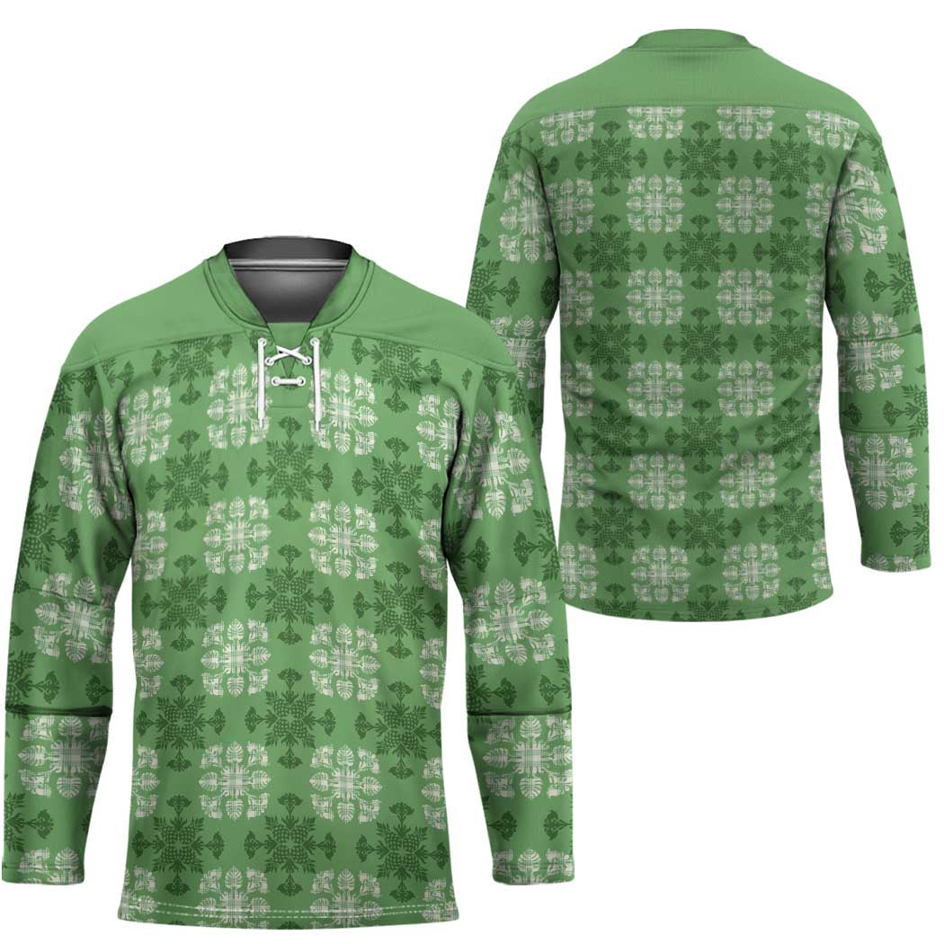 Green Hawaiian Quilt Hockey Jersey Hawaii Pineapple Monstera Palaka Motifs - Polynesian Pride