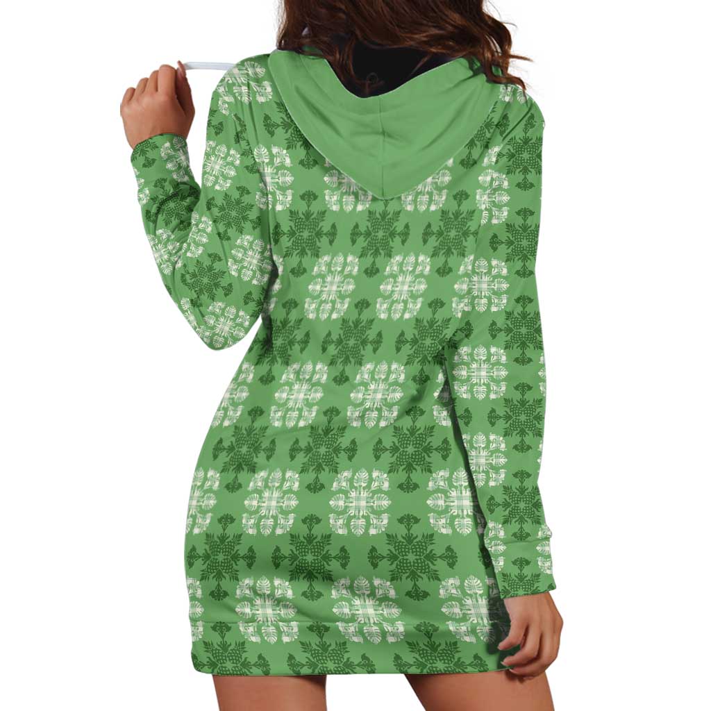 Green Hawaiian Quilt Hoodie Dress Hawaii Pineapple Monstera Palaka Motifs LT14 - Polynesian Pride