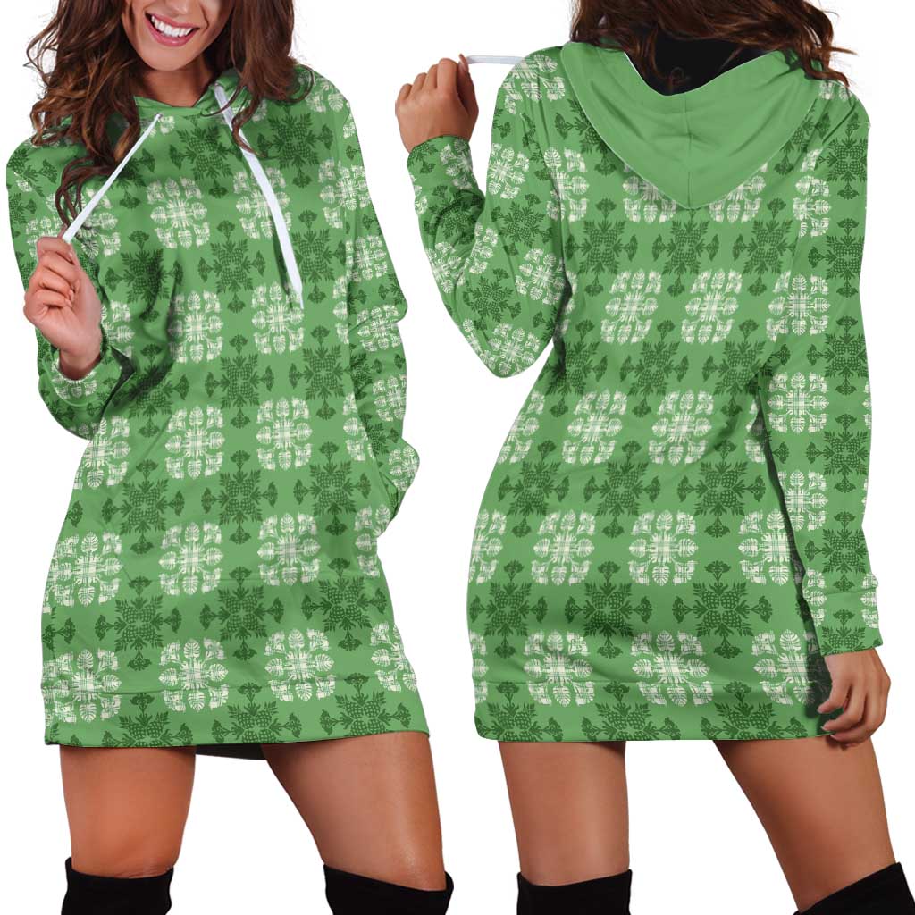 Green Hawaiian Quilt Hoodie Dress Hawaii Pineapple Monstera Palaka Motifs LT14 - Polynesian Pride