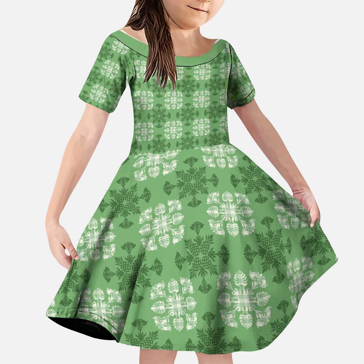 Green Hawaiian Quilt Kid Short Sleeve Dress Hawaii Pineapple Monstera Palaka Motifs LT14 KID Green - Polynesian Pride