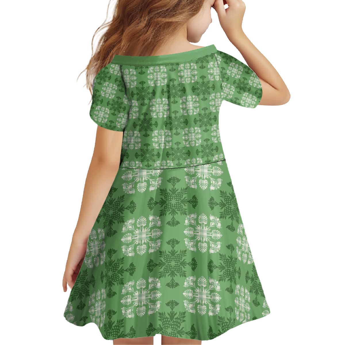 Green Hawaiian Quilt Kid Short Sleeve Dress Hawaii Pineapple Monstera Palaka Motifs LT14 - Polynesian Pride
