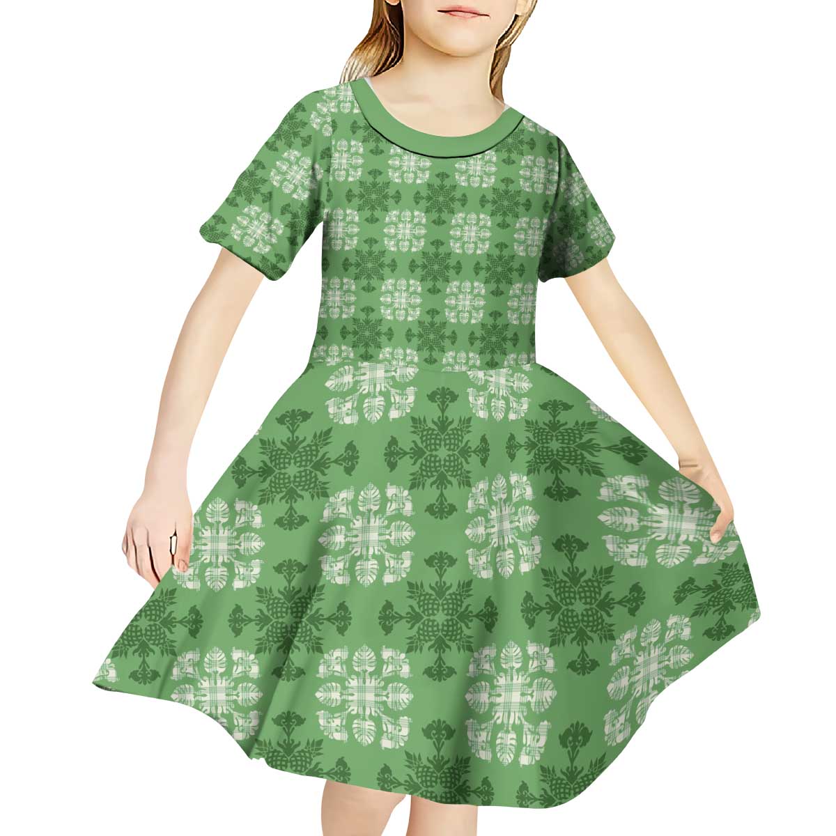 Green Hawaiian Quilt Kid Short Sleeve Dress Hawaii Pineapple Monstera Palaka Motifs LT14 - Polynesian Pride