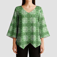 Green Hawaiian Quilt Kimono Sleeve Blouse Hawaii Pineapple Monstera Palaka Motifs - Polynesian Pride