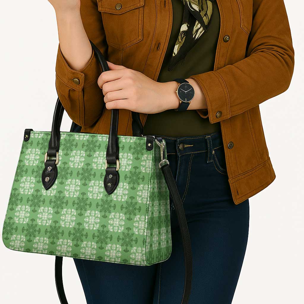 Green Hawaiian Quilt Leather Bag Hawaii Pineapple Monstera Palaka Motifs - Polynesian Pride