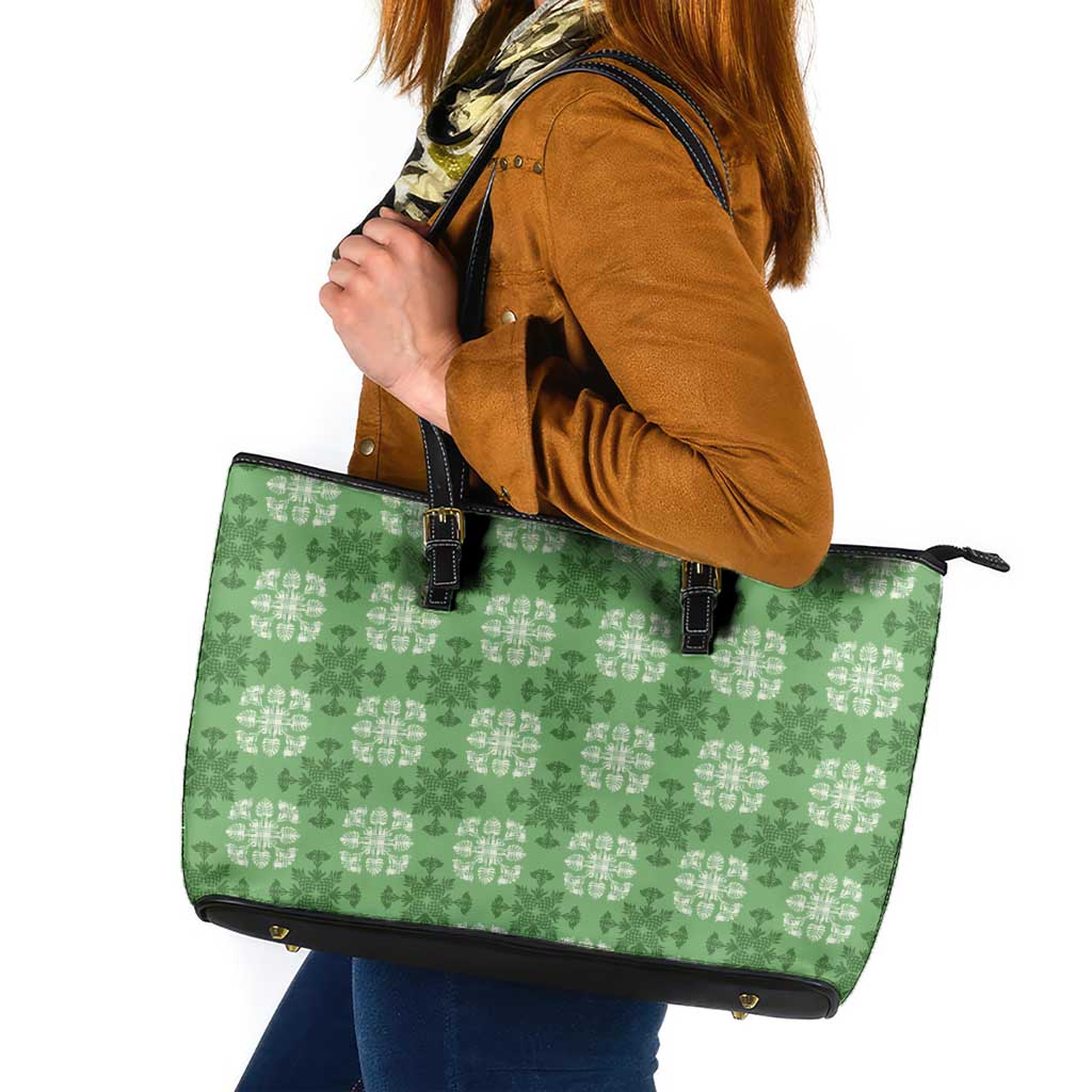 Green Hawaiian Quilt Leather Tote Bag Hawaii Pineapple Monstera Palaka Motifs - Polynesian Pride