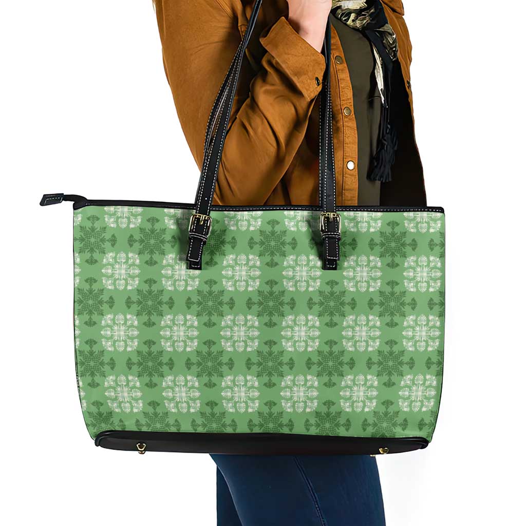 Green Hawaiian Quilt Leather Tote Bag Hawaii Pineapple Monstera Palaka Motifs - Polynesian Pride