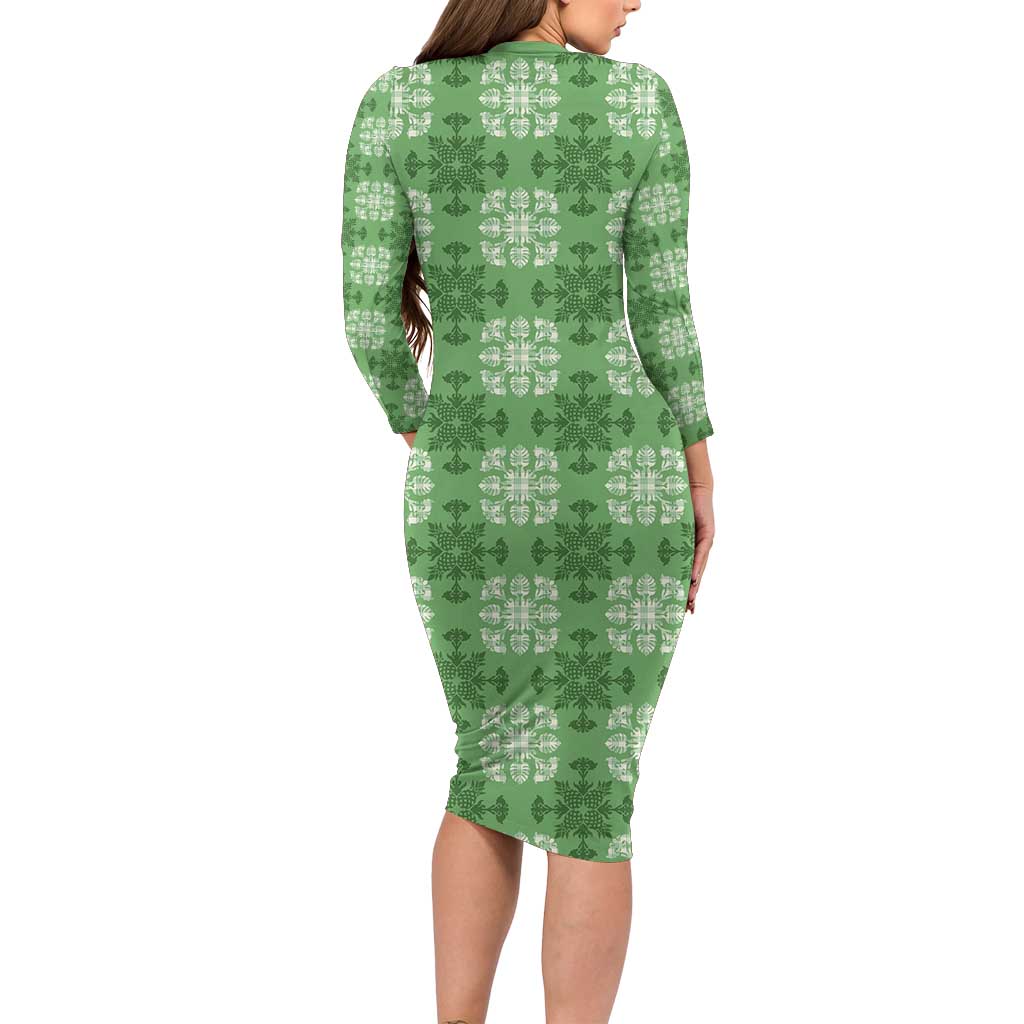 Green Hawaiian Quilt Long Sleeve Bodycon Dress Hawaii Pineapple Monstera Palaka Motifs LT14 - Polynesian Pride