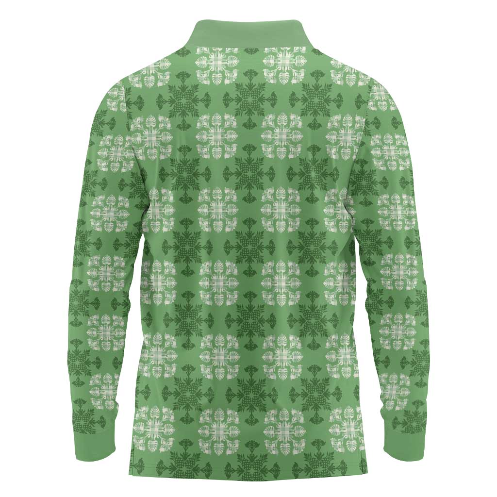 Green Hawaiian Quilt Long Sleeve Polo Shirt Hawaii Pineapple Monstera Palaka Motifs LT14 - Polynesian Pride