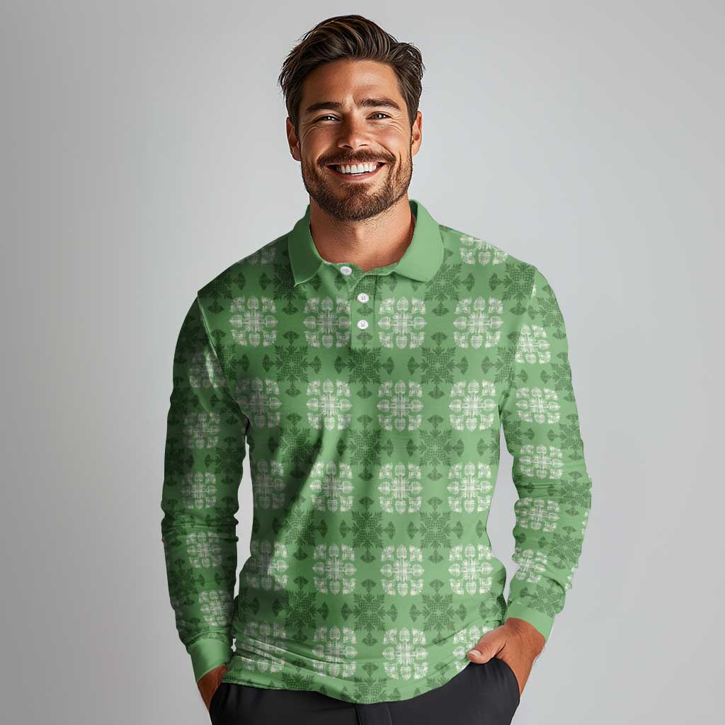 Green Hawaiian Quilt Long Sleeve Polo Shirt Hawaii Pineapple Monstera Palaka Motifs LT14 - Polynesian Pride