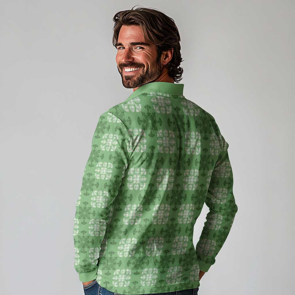 Green Hawaiian Quilt Long Sleeve Polo Shirt Hawaii Pineapple Monstera Palaka Motifs LT14 - Polynesian Pride