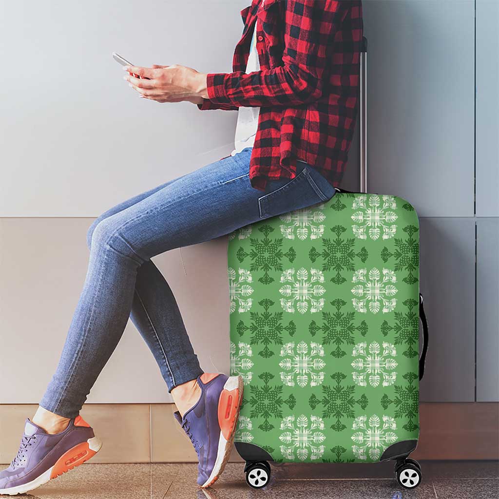 Green Hawaiian Quilt Luggage Cover Hawaii Pineapple Monstera Palaka Motifs - Polynesian Pride