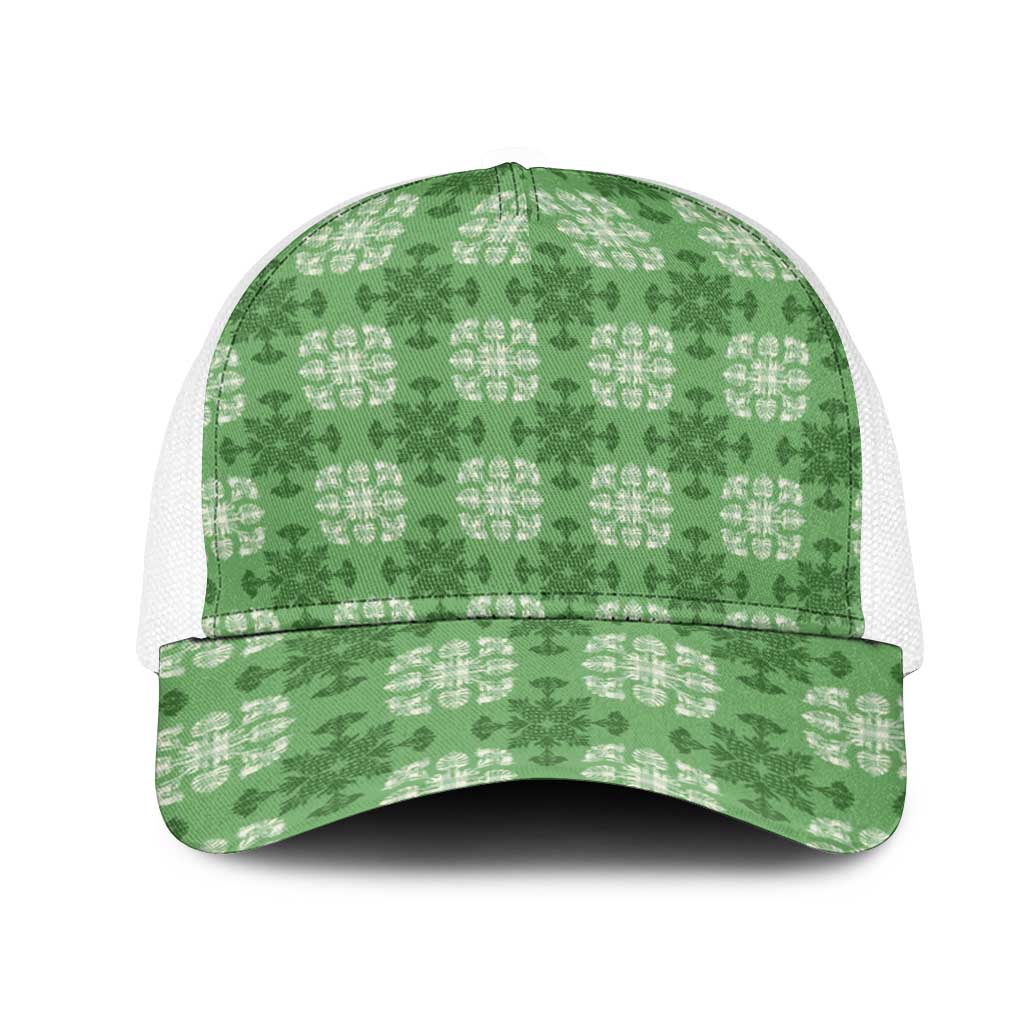 Green Hawaiian Quilt Mesh Trucker Cap Hawaii Pineapple Monstera Palaka Motifs - Polynesian Pride