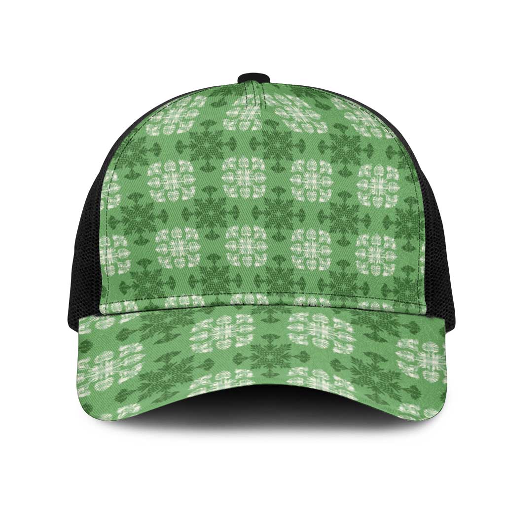 Green Hawaiian Quilt Mesh Trucker Cap Hawaii Pineapple Monstera Palaka Motifs - Polynesian Pride