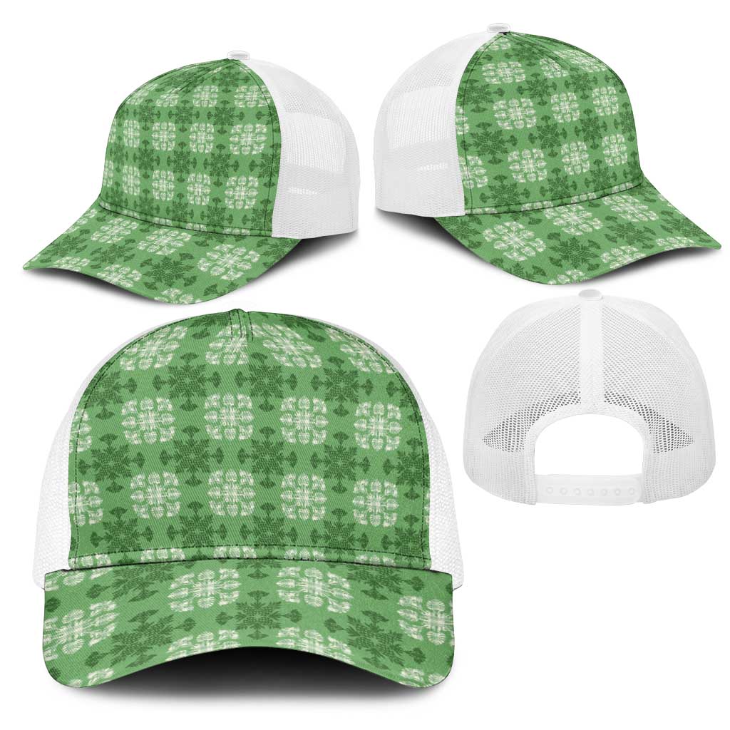 Green Hawaiian Quilt Mesh Trucker Cap Hawaii Pineapple Monstera Palaka Motifs - Polynesian Pride