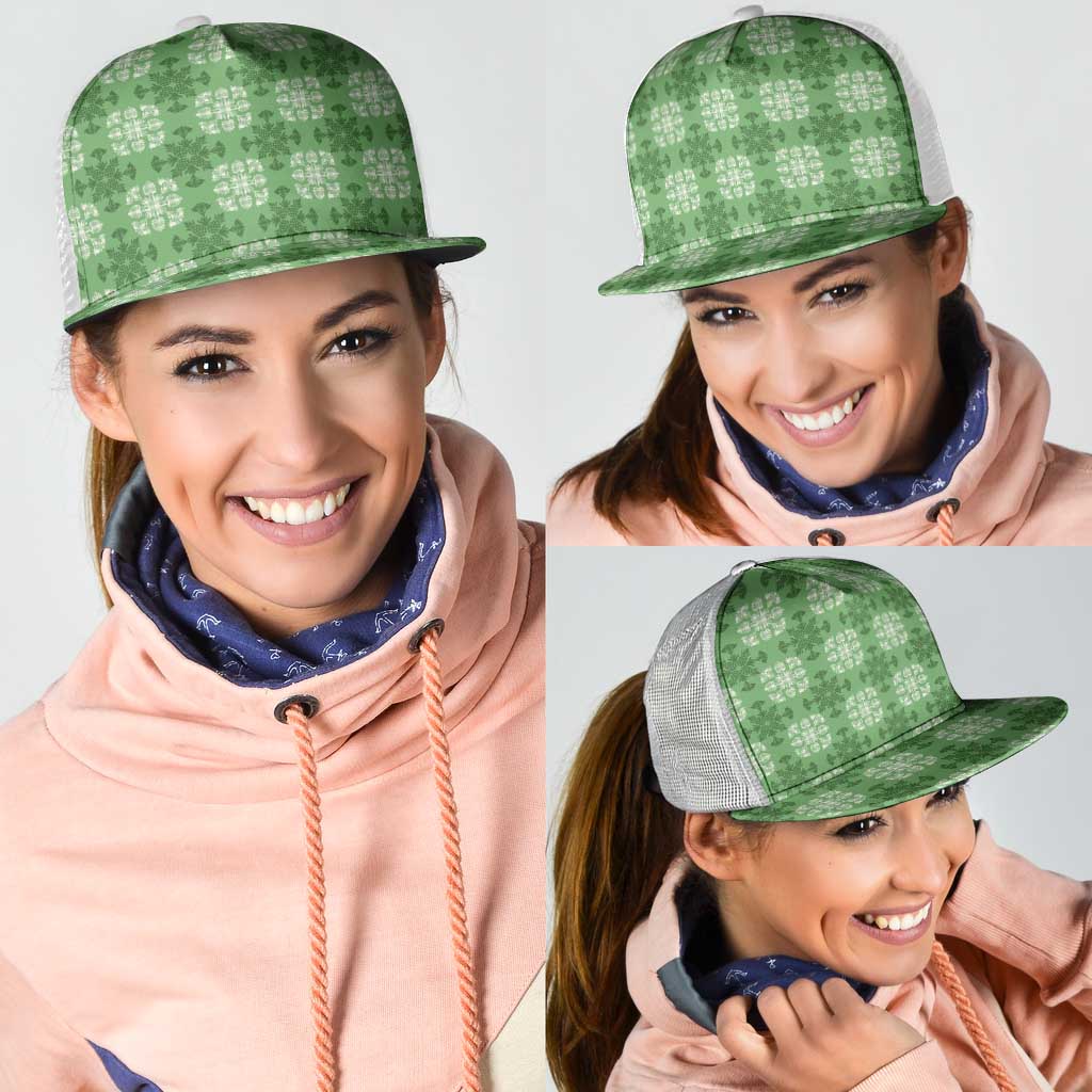 Green Hawaiian Quilt Mesh Trucker Cap Hawaii Pineapple Monstera Palaka Motifs - Polynesian Pride