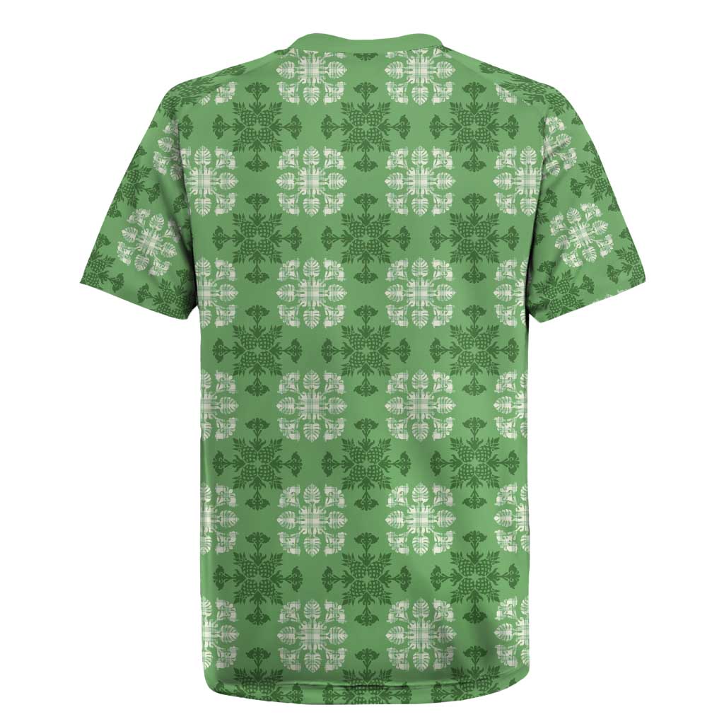 Green Hawaiian Quilt Rugby Jersey Hawaii Pineapple Monstera Palaka Motifs - Polynesian Pride