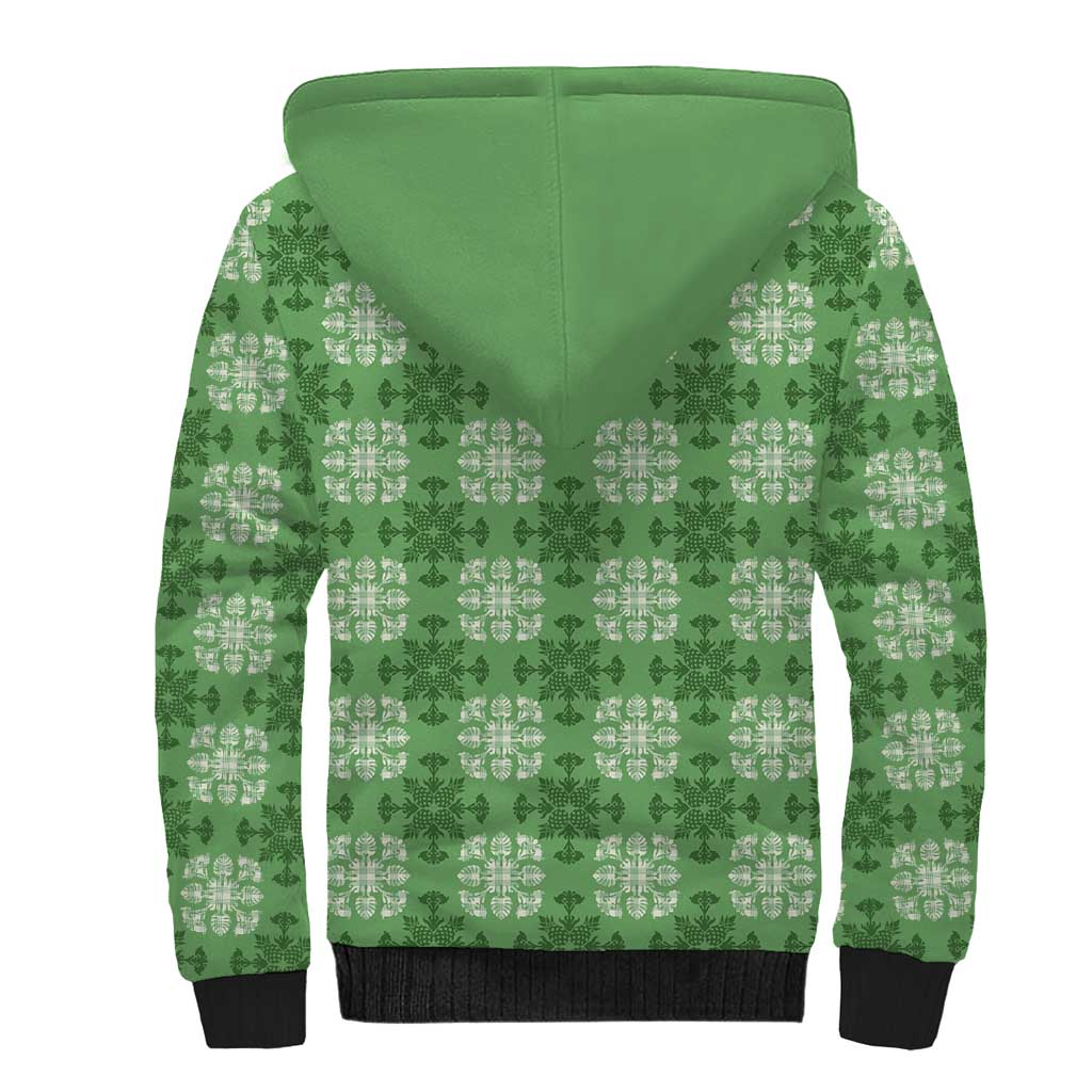 Green Hawaiian Quilt Sherpa Hoodie Hawaii Pineapple Monstera Palaka Motifs LT14 - Polynesian Pride