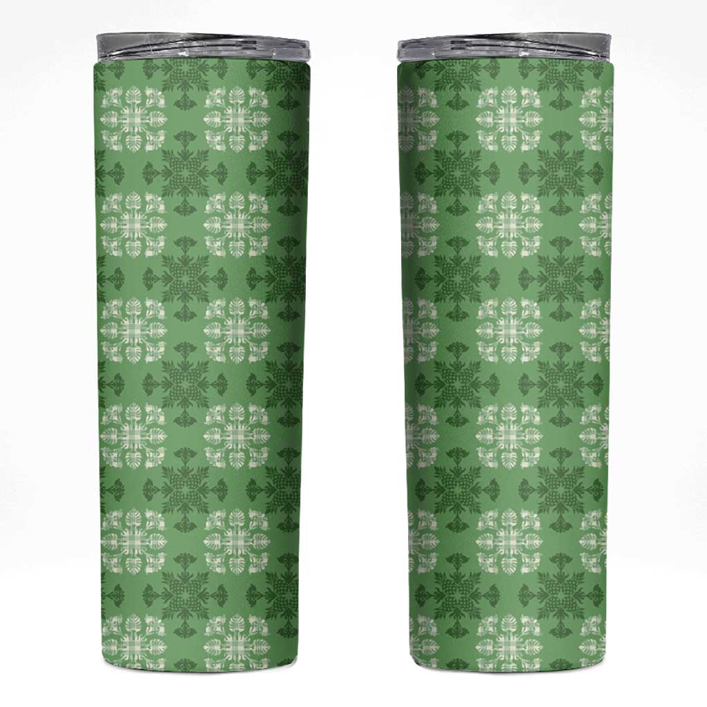 Green Hawaiian Quilt Skinny Tumbler Hawaii Pineapple Monstera Palaka Motifs LT14 Green - Polynesian Pride