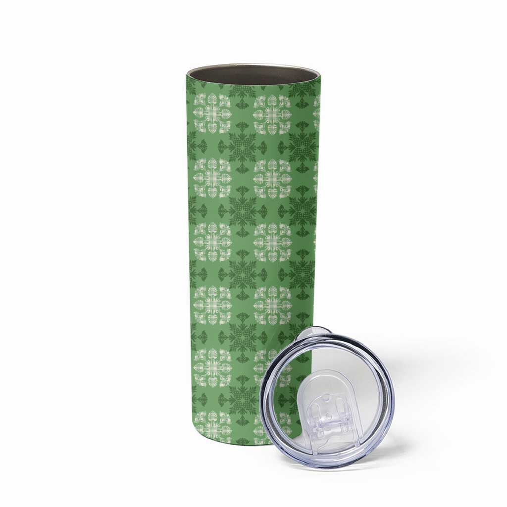 Green Hawaiian Quilt Skinny Tumbler Hawaii Pineapple Monstera Palaka Motifs LT14 - Polynesian Pride
