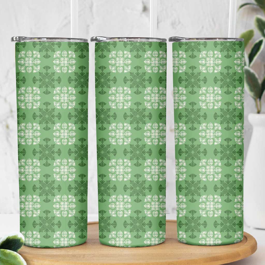 Green Hawaiian Quilt Skinny Tumbler Hawaii Pineapple Monstera Palaka Motifs LT14 - Polynesian Pride