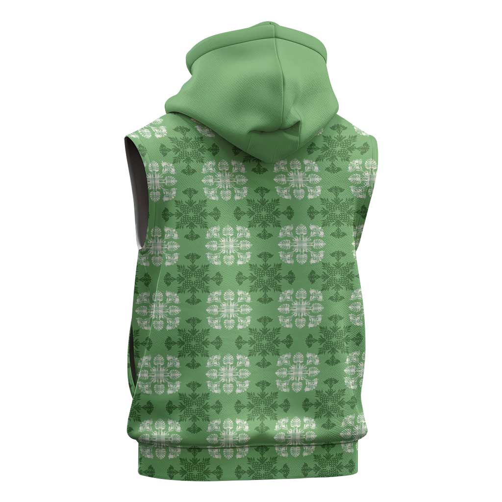 Green Hawaiian Quilt Sleeveless Zip Hoodie Hawaii Pineapple Monstera Palaka Motifs LT14 - Polynesian Pride