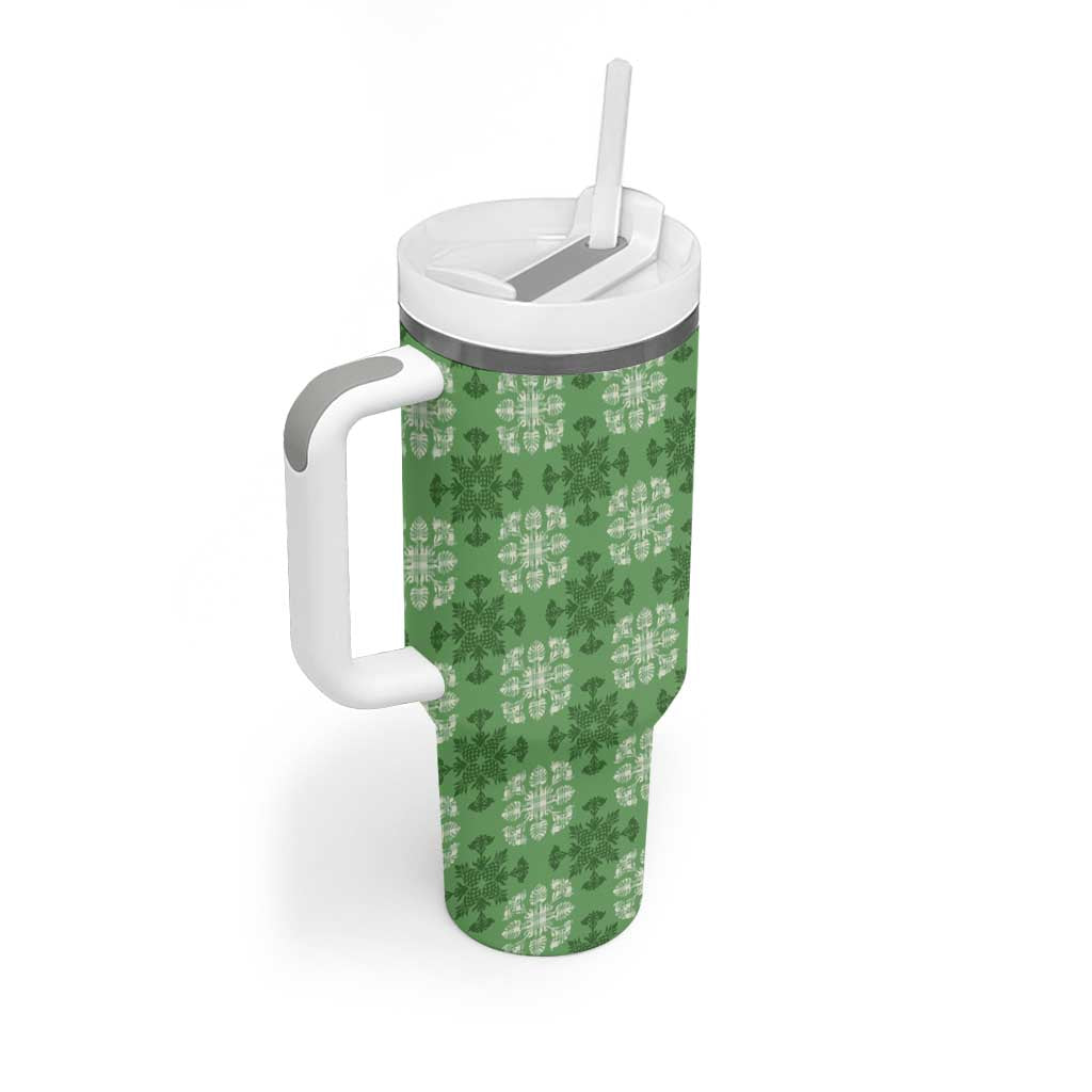 Green Hawaiian Quilt Tumbler With Handle Hawaii Pineapple Monstera Palaka Motifs - Polynesian Pride