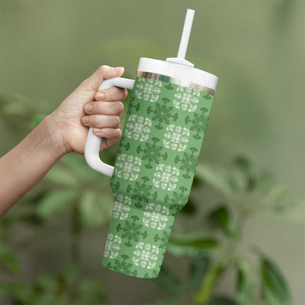Green Hawaiian Quilt Tumbler With Handle Hawaii Pineapple Monstera Palaka Motifs - Polynesian Pride