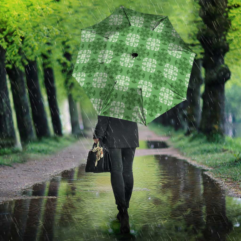 Green Hawaiian Quilt Umbrella Hawaii Pineapple Monstera Palaka Motifs - Polynesian Pride