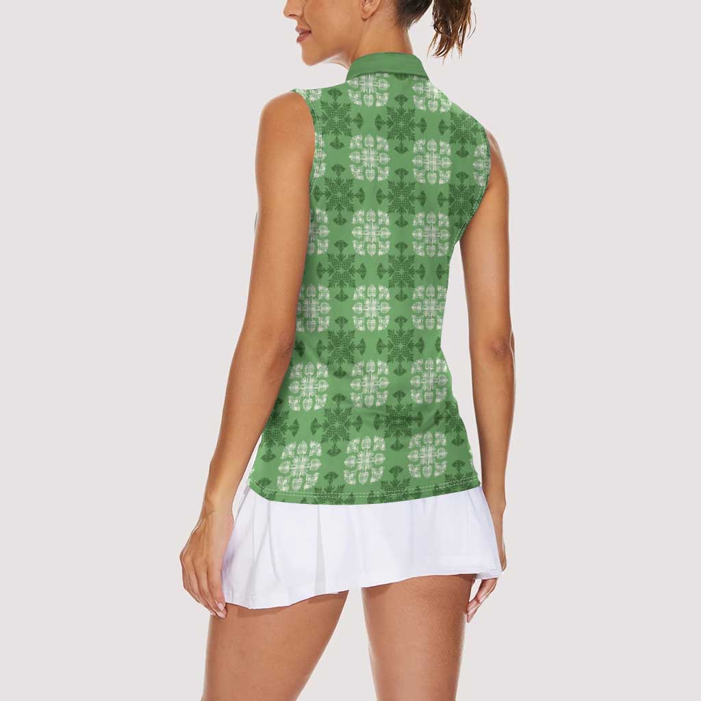 Green Hawaiian Quilt Women Sleeveless Polo Shirt Hawaii Pineapple Monstera Palaka Motifs LT14 - Polynesian Pride