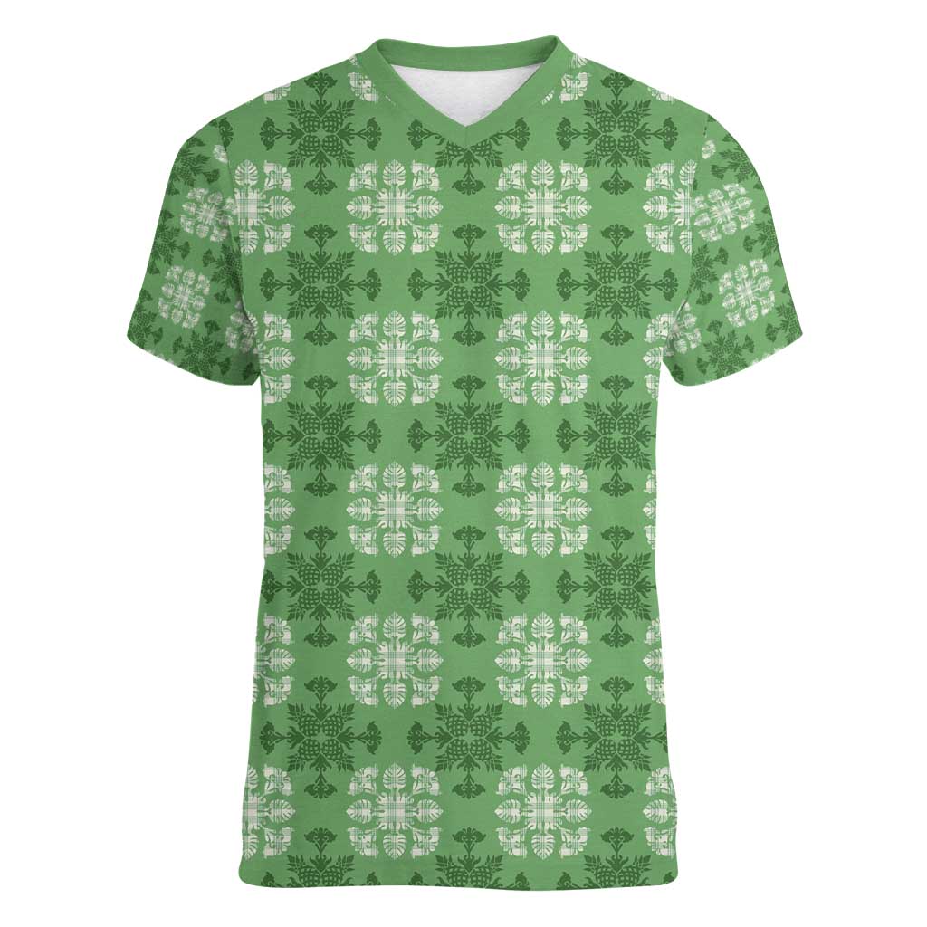 Green Hawaiian Quilt Women V-Neck T-Shirt Hawaii Pineapple Monstera Palaka Motifs LT14 Female Green - Polynesian Pride