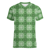 Green Hawaiian Quilt Women V-Neck T-Shirt Hawaii Pineapple Monstera Palaka Motifs LT14 Female Green - Polynesian Pride