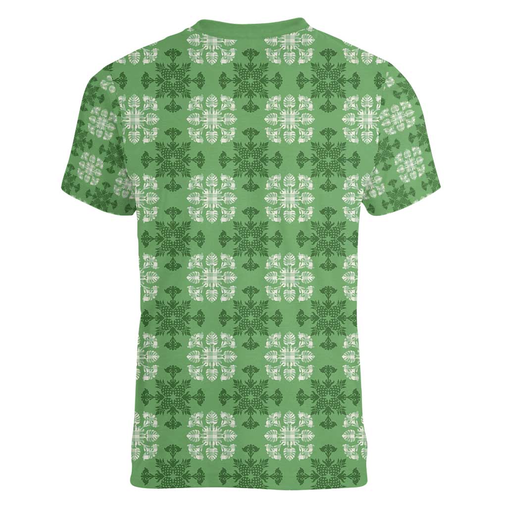 Green Hawaiian Quilt Women V-Neck T-Shirt Hawaii Pineapple Monstera Palaka Motifs LT14 - Polynesian Pride