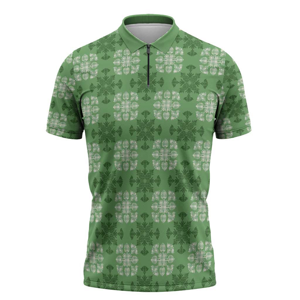 Green Hawaiian Quilt Zipper Polo Shirt Hawaii Pineapple Monstera Palaka Motifs LT14 Green - Polynesian Pride