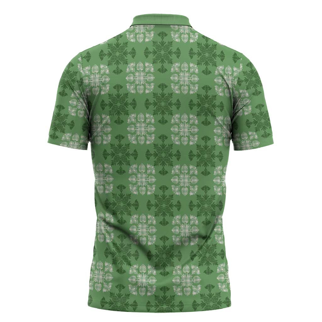 Green Hawaiian Quilt Zipper Polo Shirt Hawaii Pineapple Monstera Palaka Motifs LT14 - Polynesian Pride