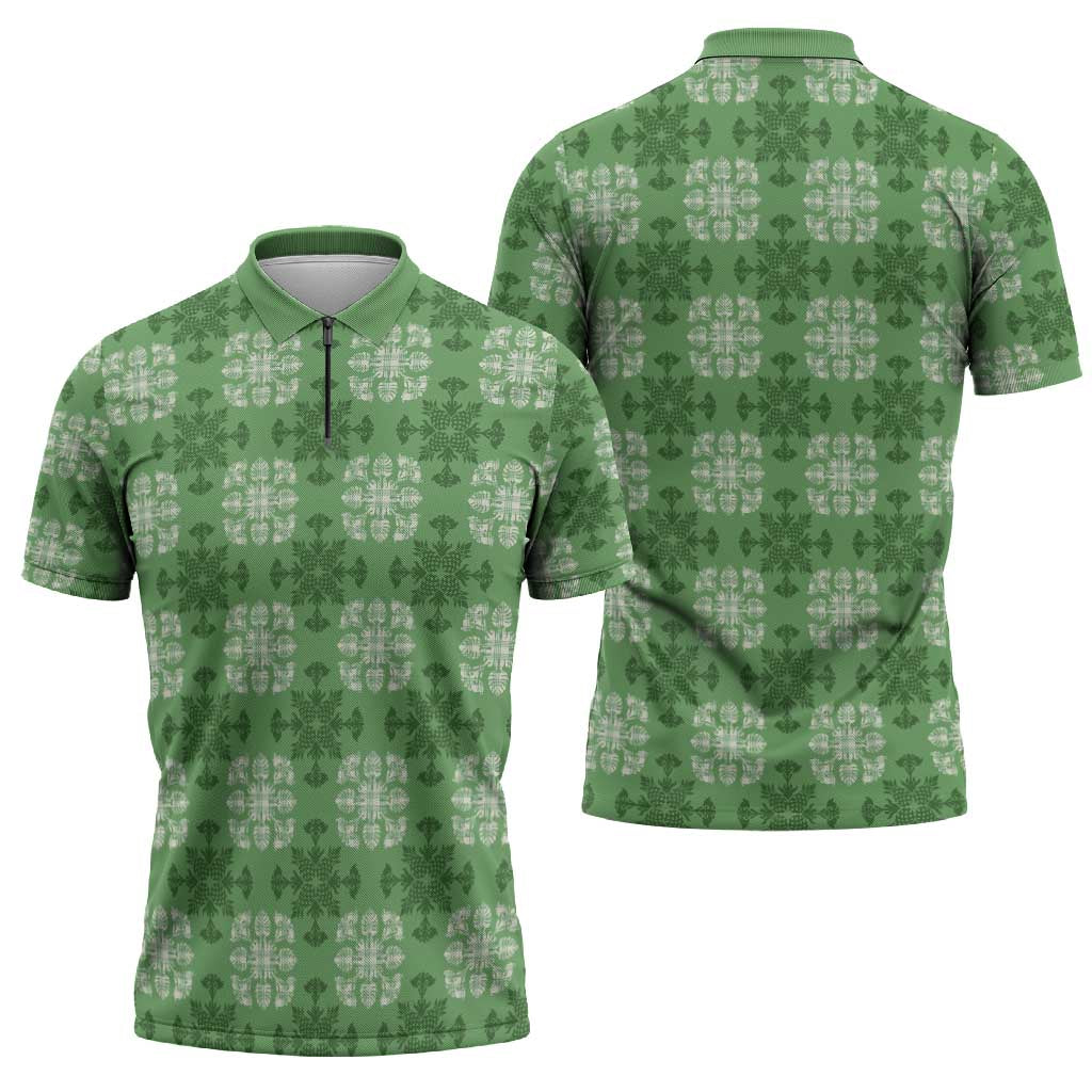 Green Hawaiian Quilt Zipper Polo Shirt Hawaii Pineapple Monstera Palaka Motifs LT14 - Polynesian Pride