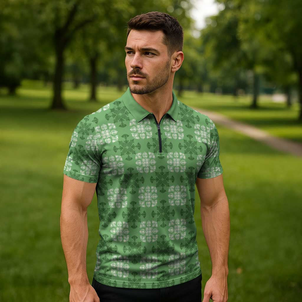 Green Hawaiian Quilt Zipper Polo Shirt Hawaii Pineapple Monstera Palaka Motifs LT14 - Polynesian Pride