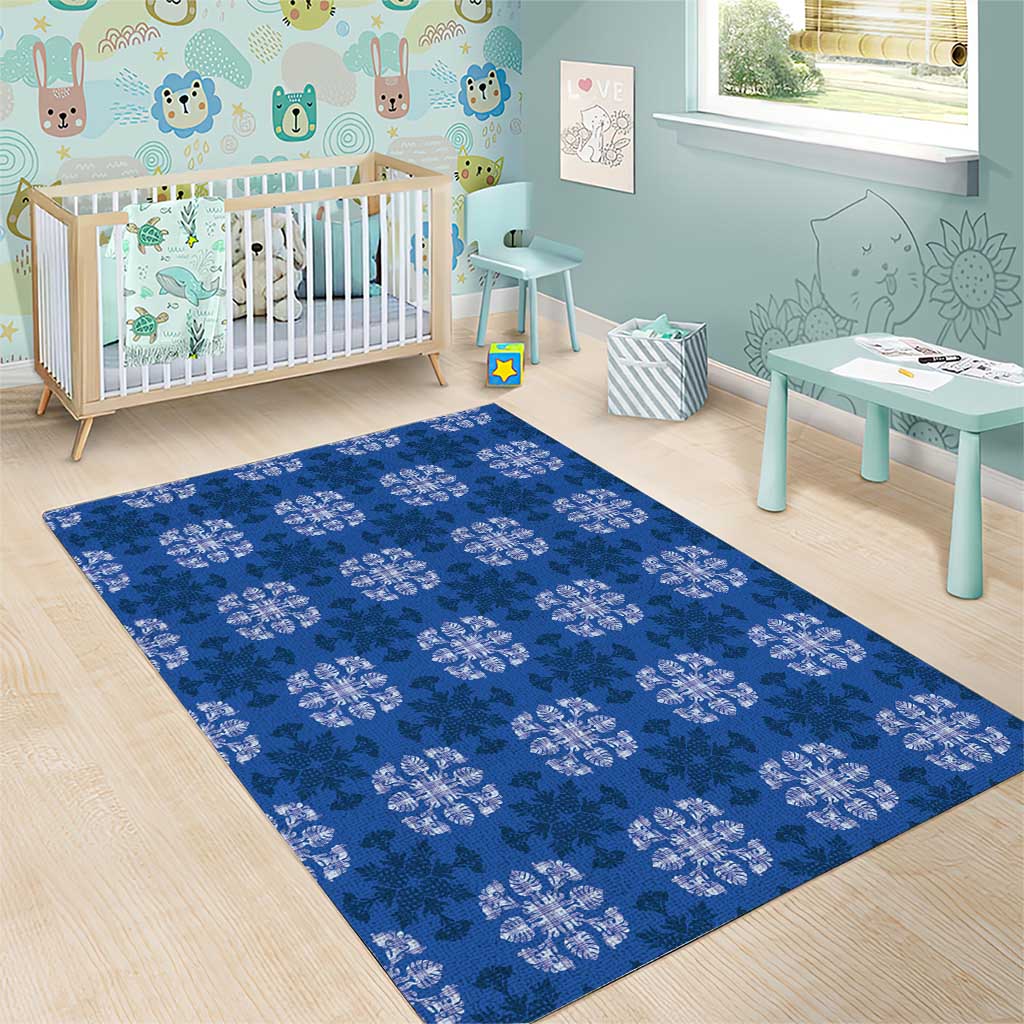 Royal Blue Hawaiian Quilt Area Rug Hawaii Pineapple Monstera Palaka Motifs - Polynesian Pride